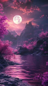 Full moon over magenta river in stylized mountain valley.
