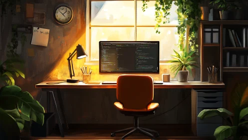 Coding workstation sits in sunlit home office with plants