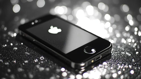 Smartphone on reflective surface with shallow depth of field bokeh