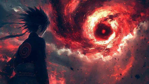 Lone anime hero gazing into a swirling crimson vortex.