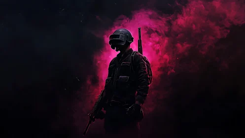 Smoke crowned warrior stands inside a neon battle halo