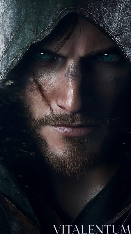 Hooded rogue portrait rendered in ultra-detailed 3D realism