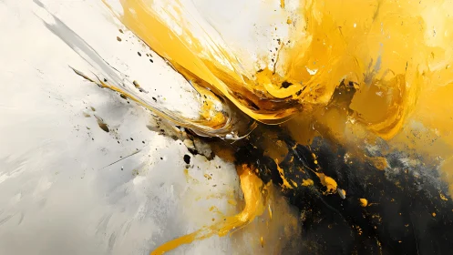 Dynamic yellow and black abstract painting with energetic brushstrokes.