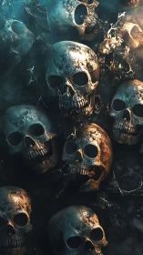 Moody skull cluster glowing in eerie teal and ember light.