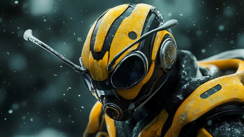 Cybernetic wasp exosuit in snow with macro detail rendering.