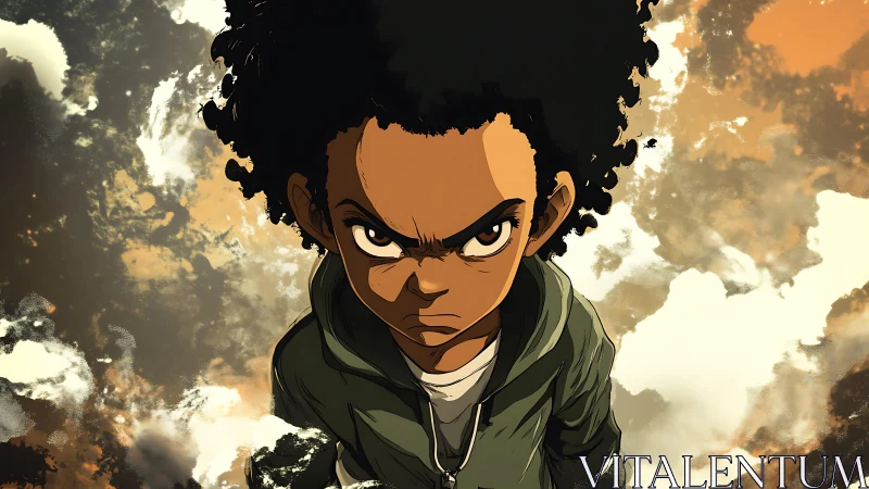 Defiant boy glares upward against stormy painted sky.