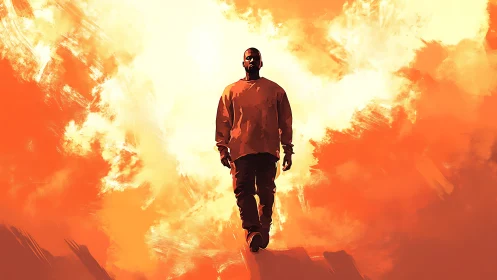 Solitary figure walking through blazing orange clouds.