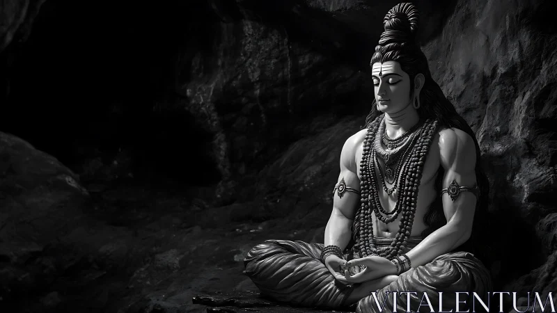 Monochrome meditative deity statue with high-contrast cave lighting