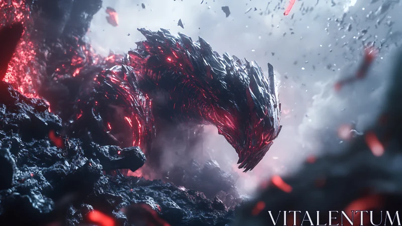 Molten obsidian dragon emerges amid eruptive volcanic debris