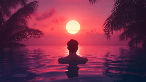 Silhouette in tropical water facing red sun at horizon.