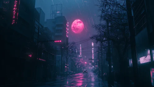 Neon rain hums softly while a pink moon rewrites the sky