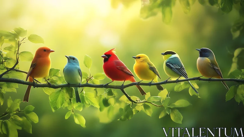 Colorful songbirds on a branch in soft morning light, nature art.