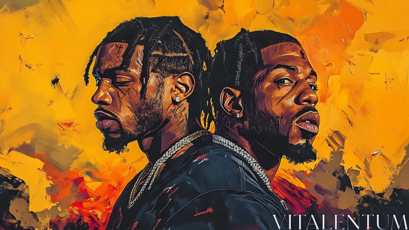 Dual hip-hop portrait amid vivid textured flames.