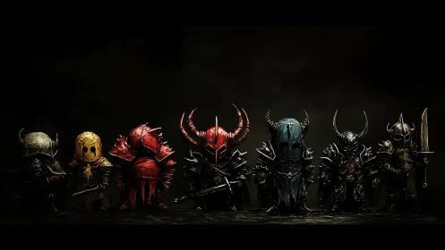Dark chibi warriors stand united in spiked battle armor.