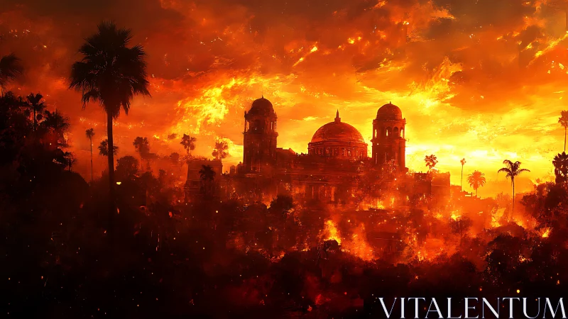 Apocalyptic Cityscape with Dome Cathedral Engulfed in Flames.