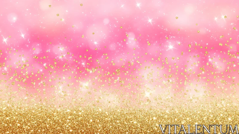 Gold glitter dust cascades over soft pink bokeh sky