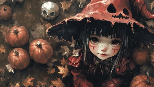 Witch girl in tattered pumpkin hood stares amid autumn decay
