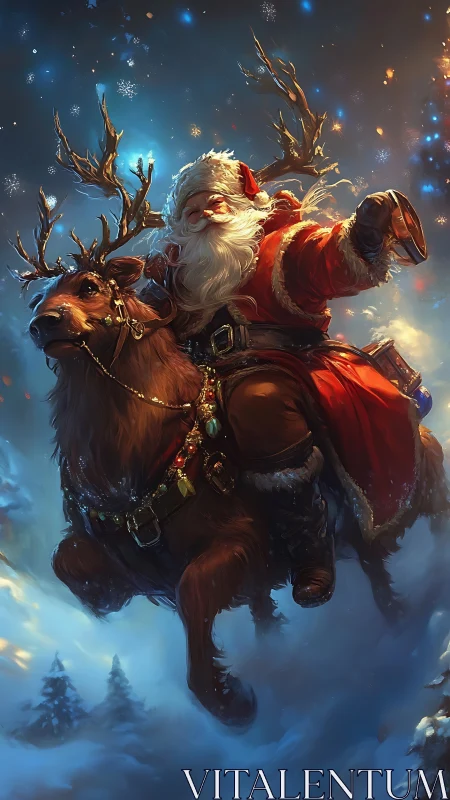 Santa rides reindeer through snowy night sky in motion