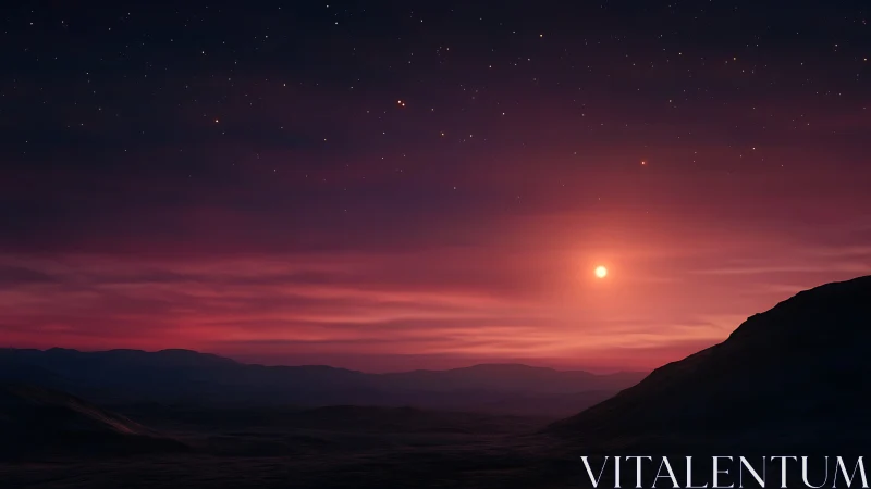 Crimson twilight sun sinks over distant alien mountainscape