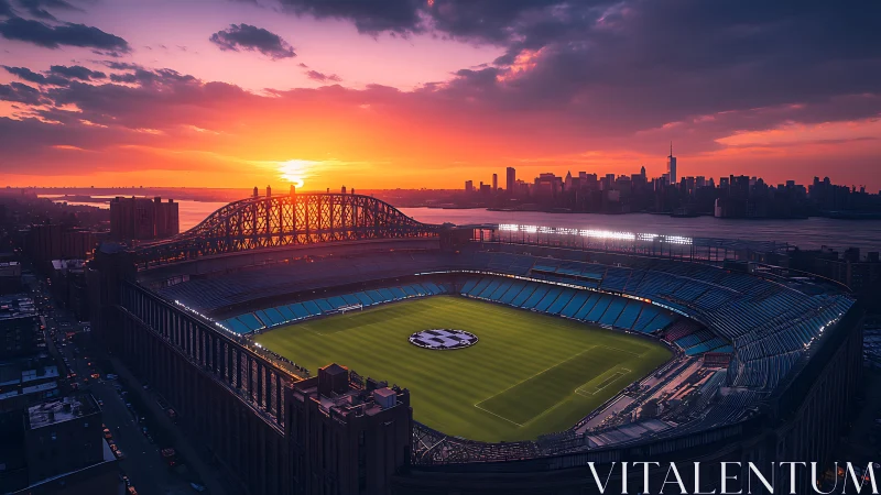 Sunset-illuminated urban football stadium rendered in photoreal detail