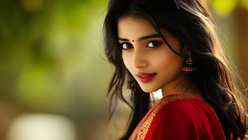 Woman in red saree looks over shoulder outdoors