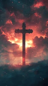 Lone hilltop cross glowing against a dreamy cosmic sky.