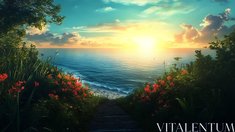 Sunlit shore path slipping toward a glowing horizon sea.