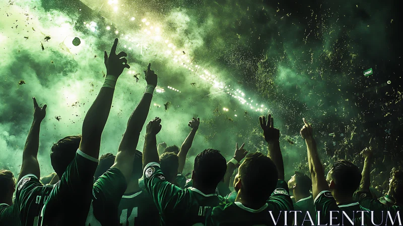 Backlit football crowd celebrating under dense green pyrotechnics