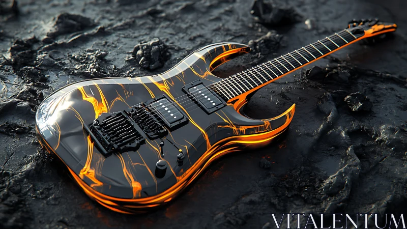 Molten-lava electric guitar blazing across charred terrain.