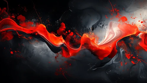 Dynamic red fluid ribbons surge across dark abstract field