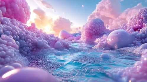 Dreamy pastel bubble shores under a soft cotton-candy sky.