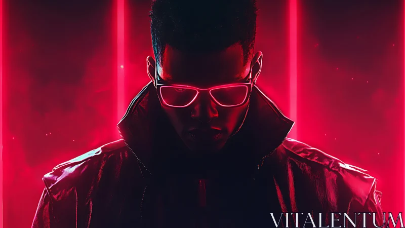 Neon-bathed cyber silhouette with high-contrast rim lighting.