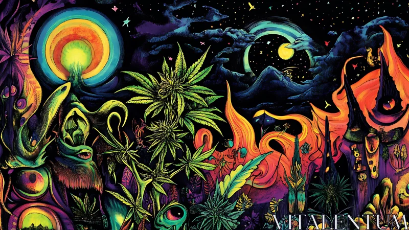 Psychedelic night garden under twin cosmic moonscape.