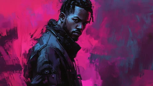 Moody portrait in neon magenta and cyan brush textures.
