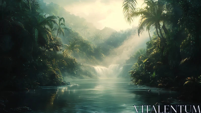 Morning light pours gently over a misty jungle waterfall
