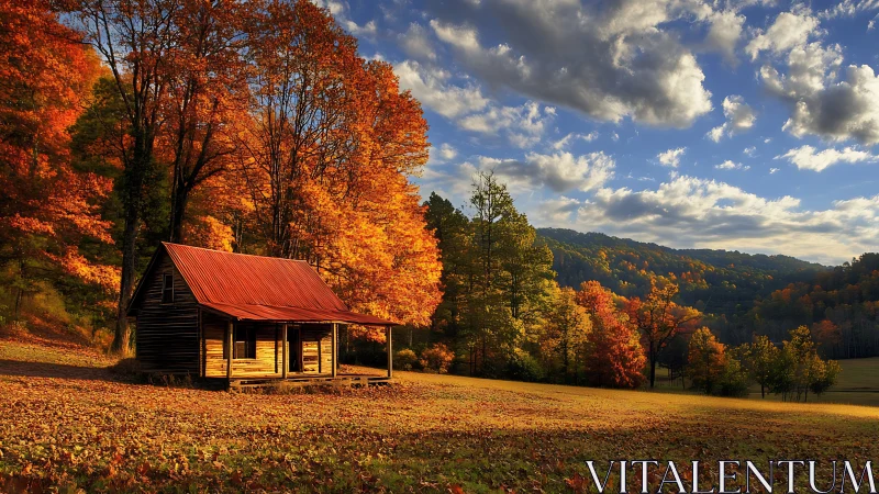 Wooden cabin in open field bordered by autumn forest canopy.