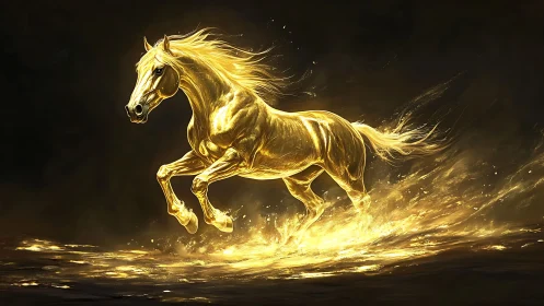 Radiant golden stallion charges through molten light.