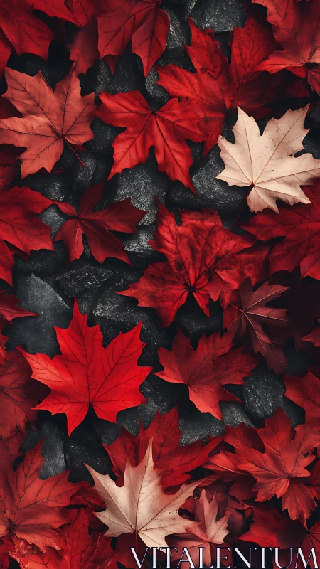 Red maple leaves are arranged over dark stone background