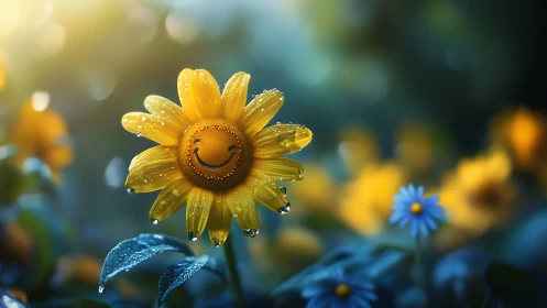 Happy Sunflower With Smiling Face in Dewdrops.