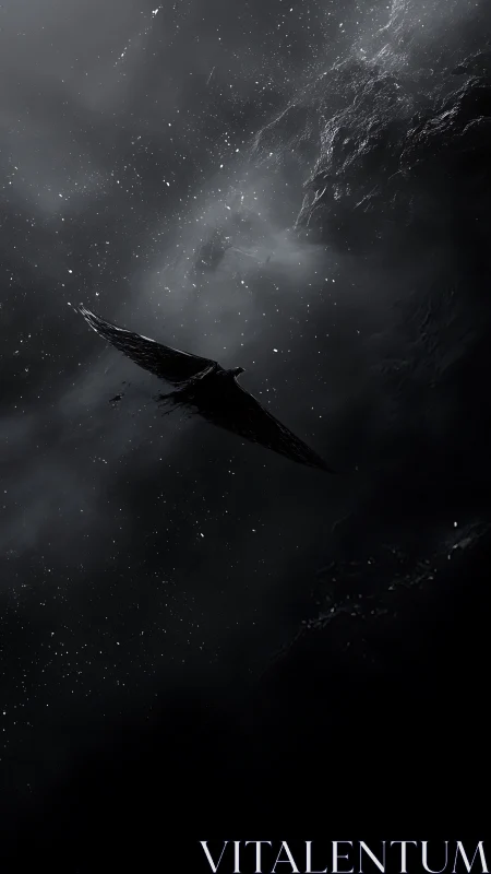 Dark bird silhouette in sparse cosmic dust field at night.