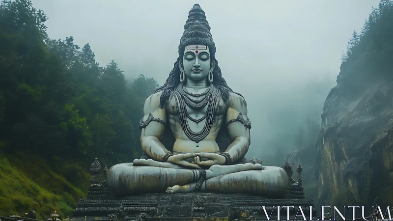 Serene Shiva monument in misty forested mountain valley.