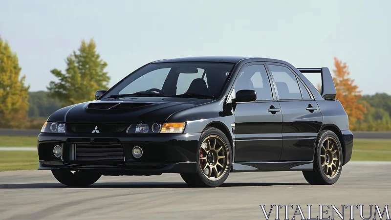 Black Mitsubishi Lancer Evolution on empty racetrack