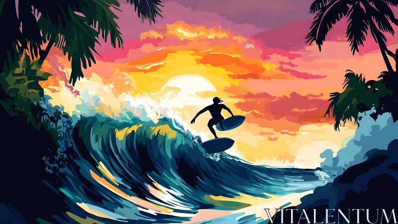 Vector surfer silhouette on chromatic sunset breaking wave.