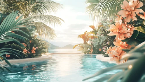 Tropical infinity pool framed by dense florals under soft hazy light