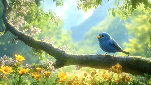 Whimsical blue bird on blooming branch in vibrant spring landscape.