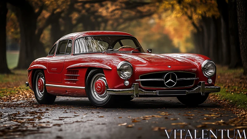 Red classic Mercedes coupe glows under autumn tree tunnel.