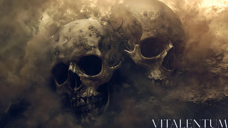 Two human skulls emerge from dense dust and diffuse light