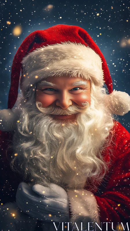 Smiling Santa Claus in red suit under falling snowflakes.