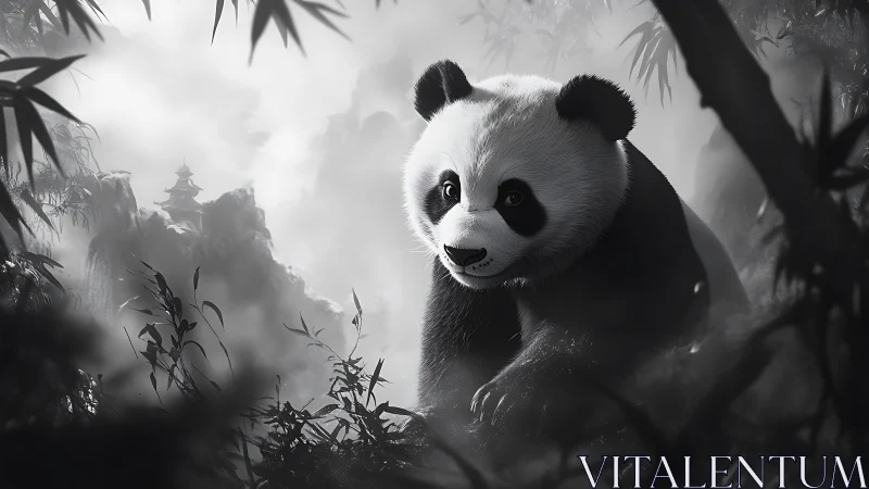 Monochrome panda explores misty bamboo valley landscape.