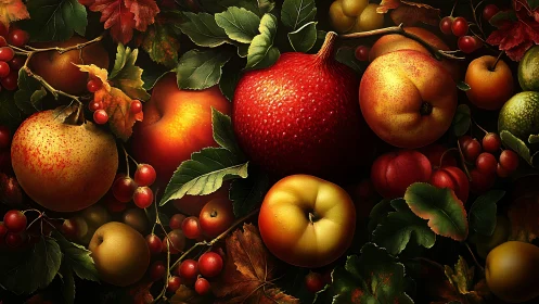 Opulent autumn fruits clustered in dramatic chiaroscuro.